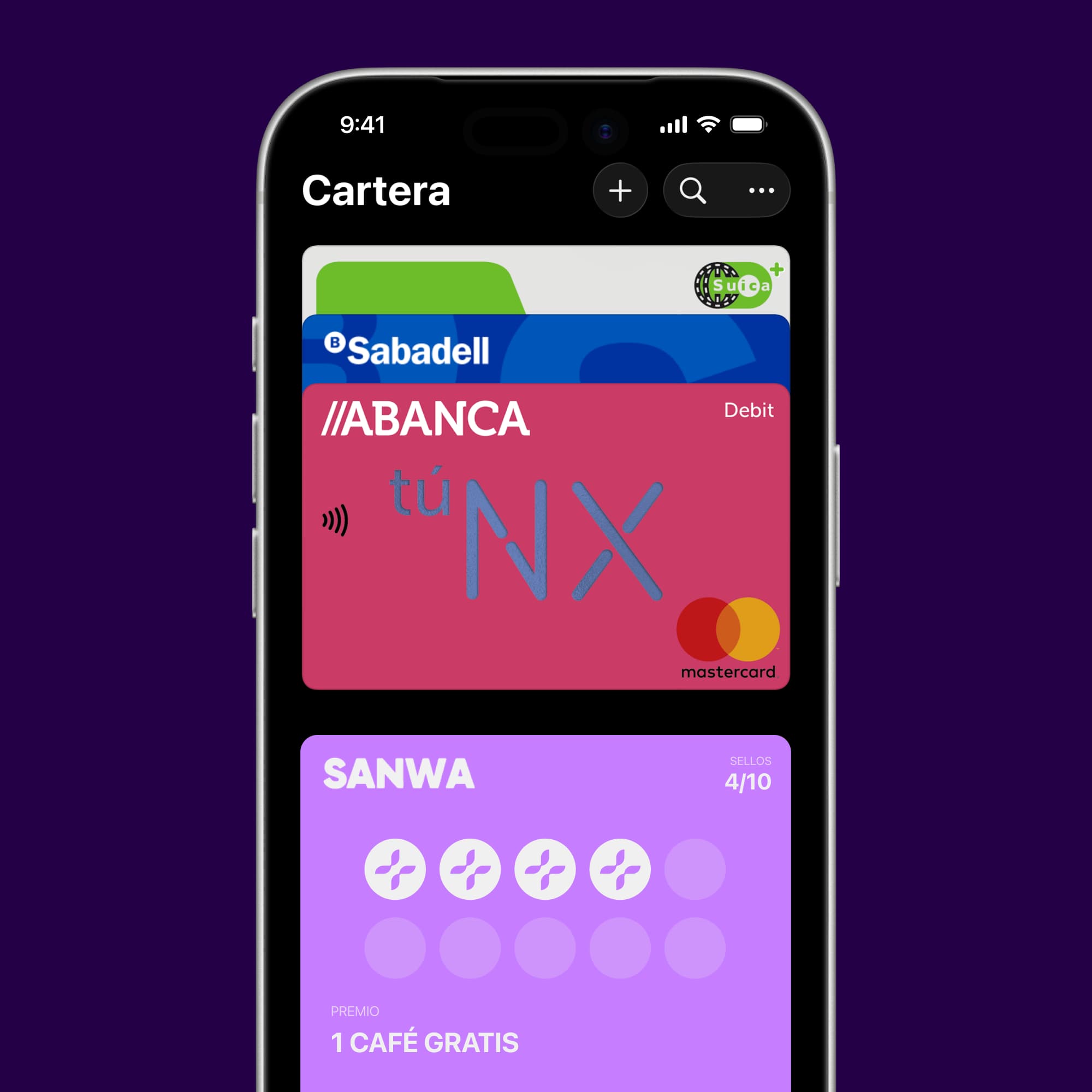 Tarjeta de fidelización del negocio junto a las tarjetas en Apple Wallet